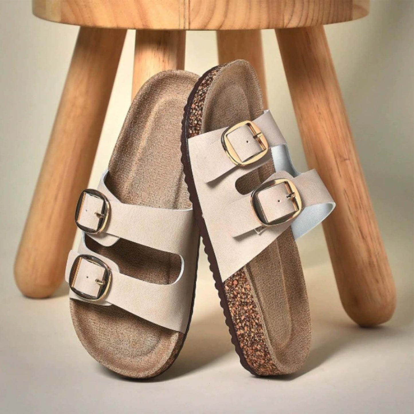 Unisex Birkenstock Style Cork Sandals Slip-On with Double Adjustable Buckle – Beige Leather Casual Comfort Slides for Everyday Wear, Walking, Vacation