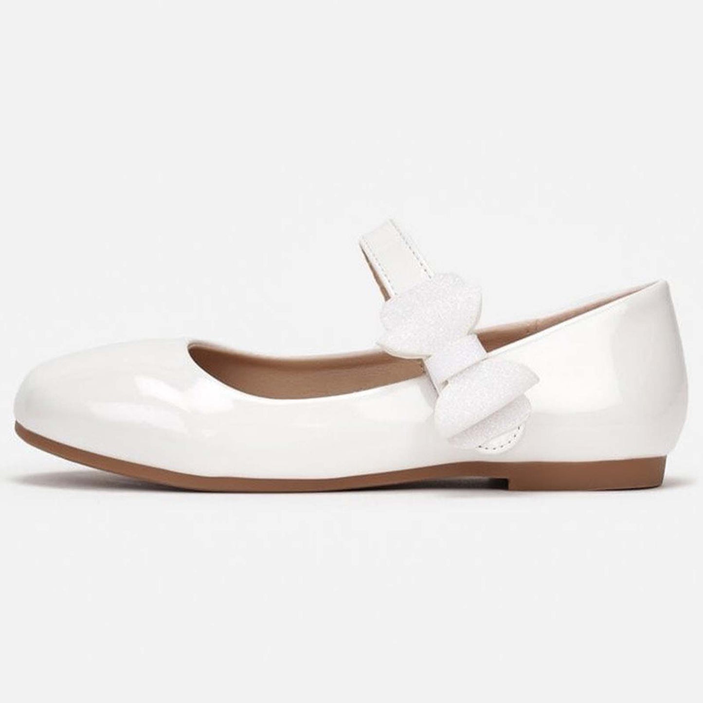 Girls Mary Jane Shoes – White Patent Leather Dress Flats with Shiny Bow, Adjustable Strap, Cute School & Party Shoes