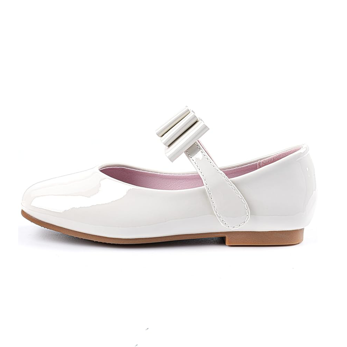 Girls Mary Jane Shoes – White Patent Leather Dress Flats with Bow Accent and Pink Lining, Cute School Party Shoes for Little Girls