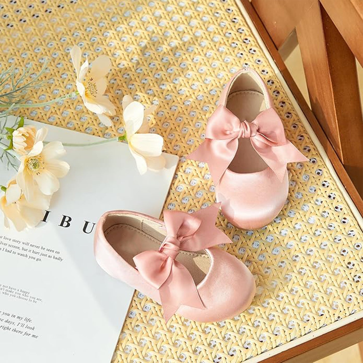 Girls Princess Mary Jane Shoes – Pink Satin Dress Shoes with Big Bow, Cute Party Ballet Flats for Weddings, Birthdays, Dance Performances