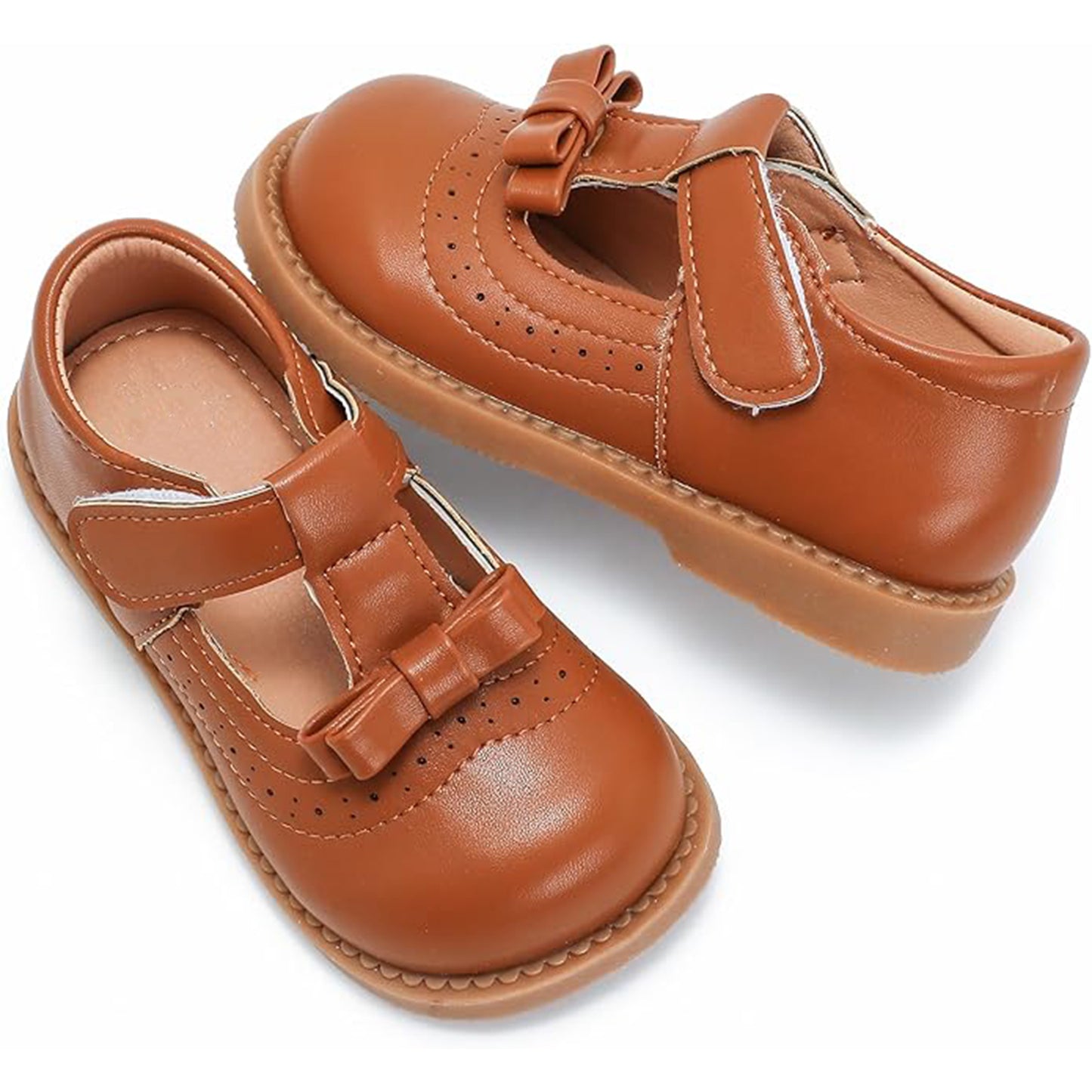 Girls Mary Jane School Shoes with T-Strap and Bow – Brown Leather Toddler/Little Kids Dress Shoes with Buckle Closure and Breathable Cutout Design