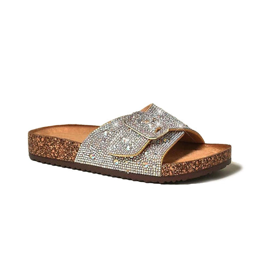 Women’s Rhinestone Birkenstock Style Cork Sandals with Double Buckle – Sparkly Slip-On Slides with Adjustable Straps and Comfortable Footbed