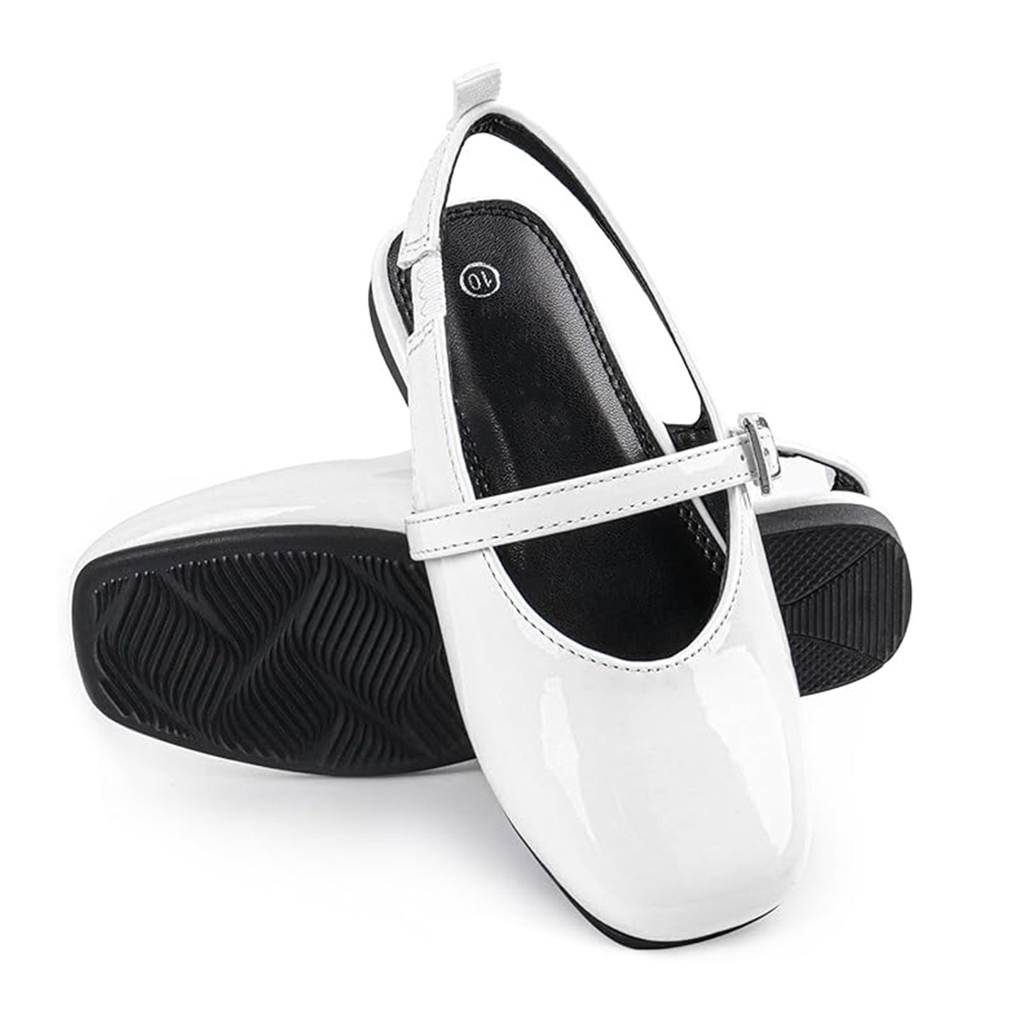 Girls Mary Jane Slingback Shoes – White Patent Leather Dress Flats with Buckle Strap, Cute Summer Shoes for School, Party, Daily Wear