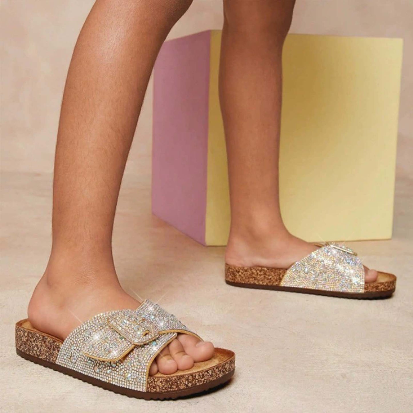 Women’s Rhinestone Birkenstock Style Cork Sandals with Double Buckle – Sparkly Slip-On Slides with Adjustable Straps and Comfortable Footbed