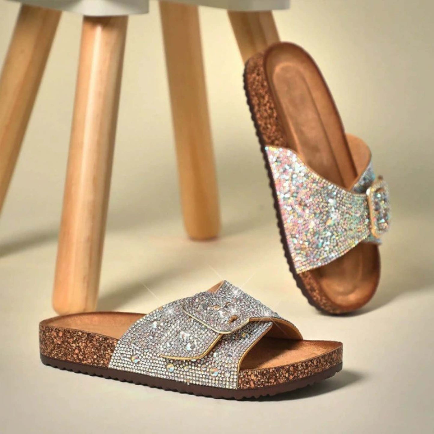 Women’s Rhinestone Birkenstock Style Cork Sandals with Double Buckle – Sparkly Slip-On Slides with Adjustable Straps and Comfortable Footbed