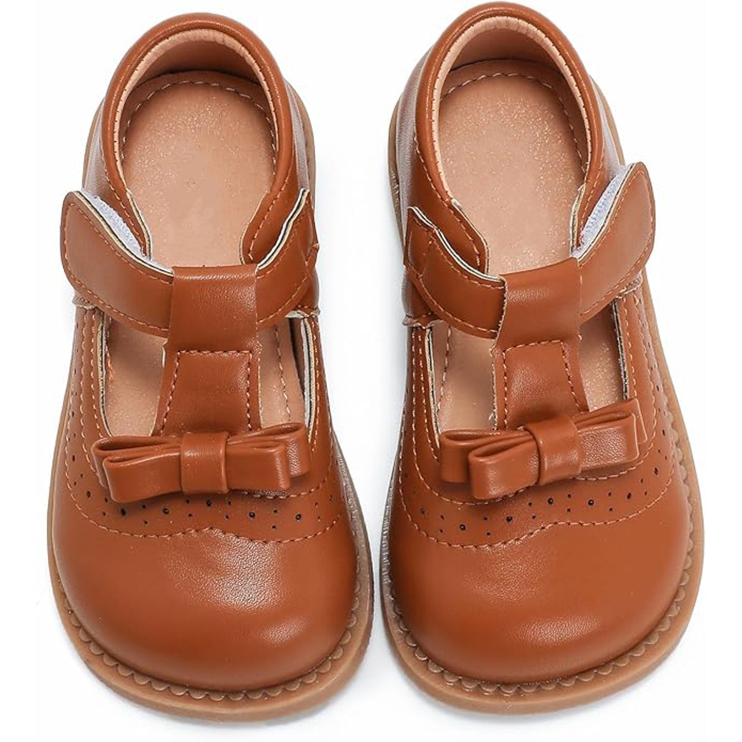Girls Mary Jane School Shoes with T-Strap and Bow – Brown Leather Toddler/Little Kids Dress Shoes with Buckle Closure and Breathable Cutout Design