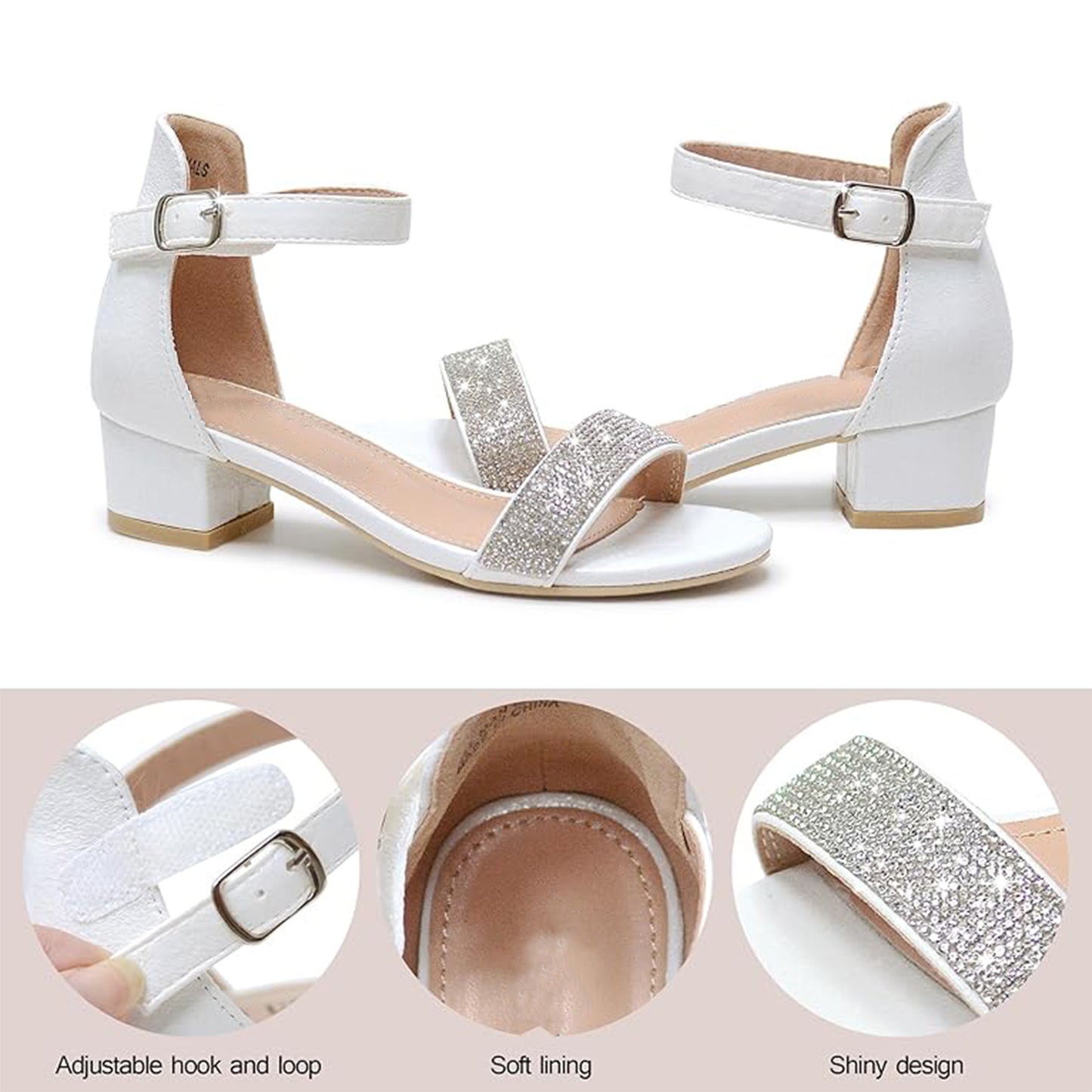 Girls White Heeled Sandals – Sparkly Rhinestone Dress Shoes with Buckle Strap, Chunky Heel Party Shoes for Weddings, Birthdays, Princess Outfits