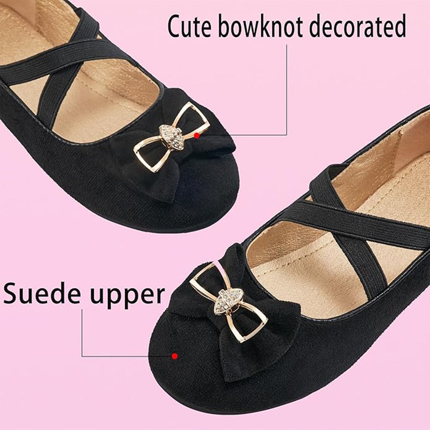 Girls Mary Jane Flats – Black Suede Dress Shoes with Cross Straps and Bow Metal Accent, Comfortable Ballet Flats for Party, Performance, or Daily Wear