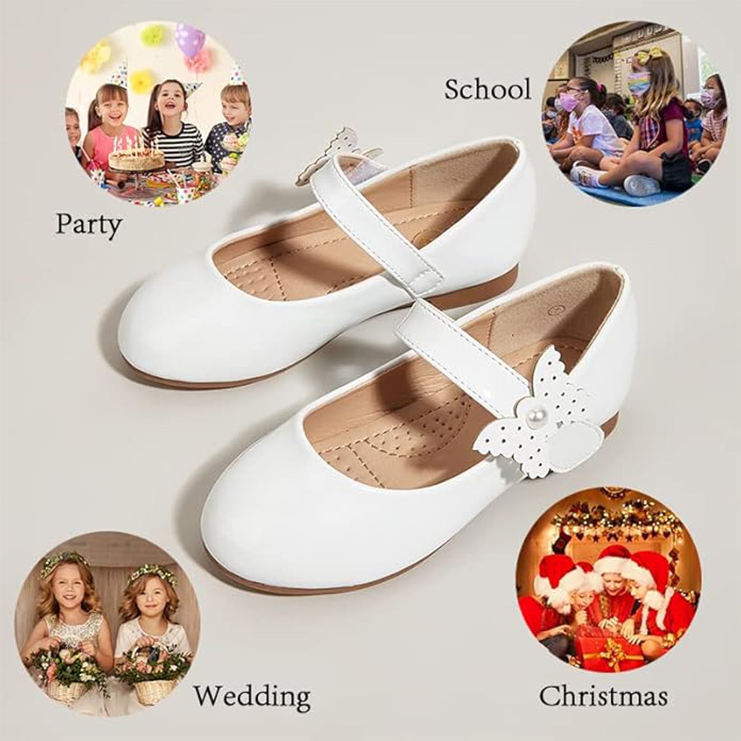Girls Mary Jane Shoes – White Patent Leather Dress Shoes with Butterfly Pearl Decoration, Low Heel Princess Flats for Party, Daily Wear