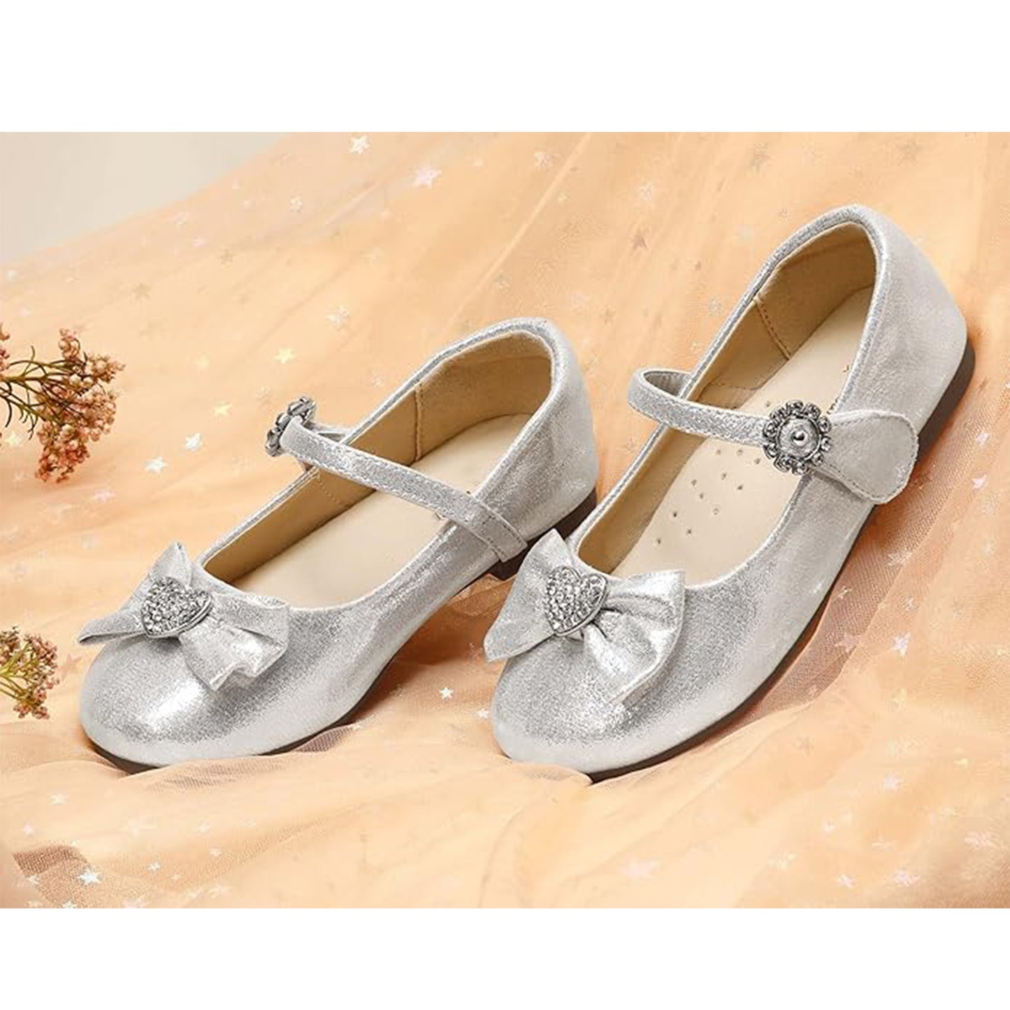 Girls Mary Jane Party Shoes – Silver Sparkly Dress Flats with Rhinestone Heart Bow, Shiny Princess Shoes with Buckle Strap for Toddler & Little Kids