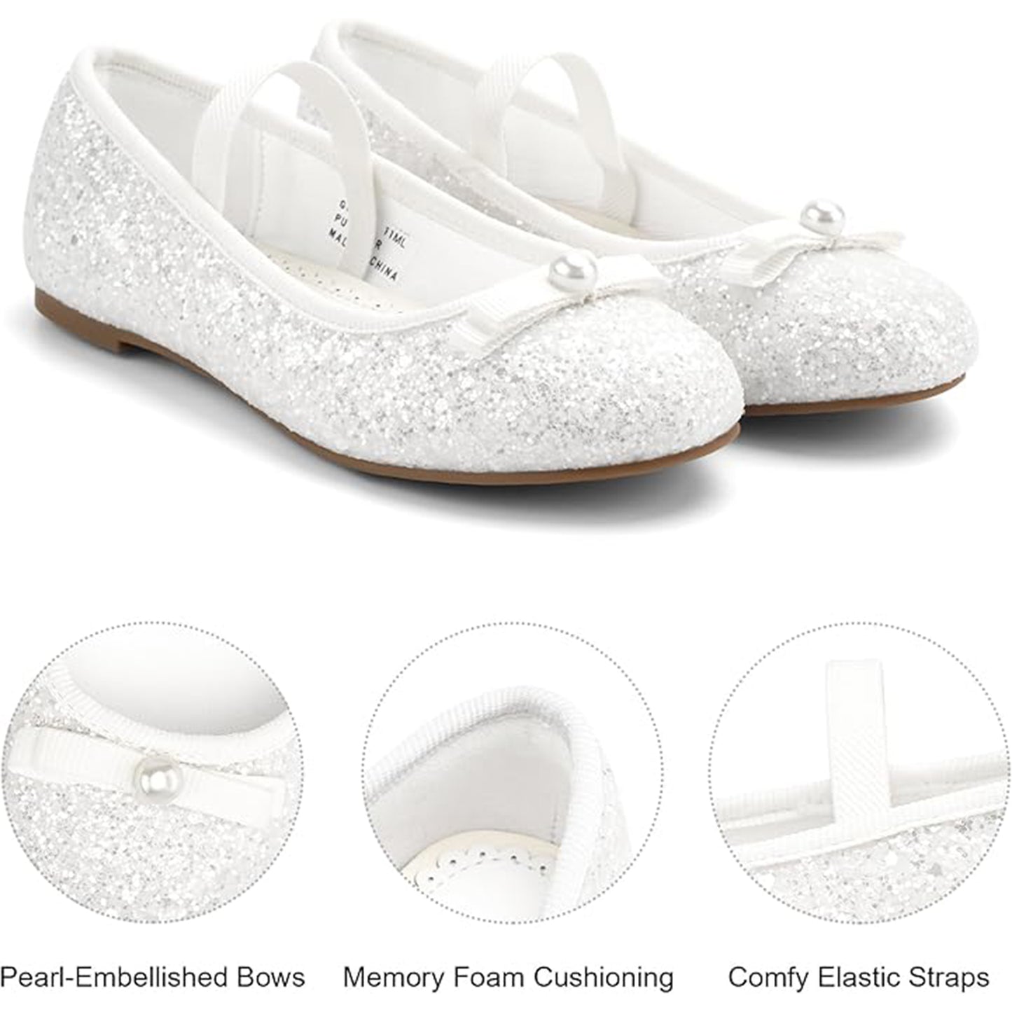 Girls Mary Jane Party Shoes – White Glitter Dress Flats with Pearl Bow, Sparkly Princess Shoes with Buckle Strap for Toddler & Little Kids