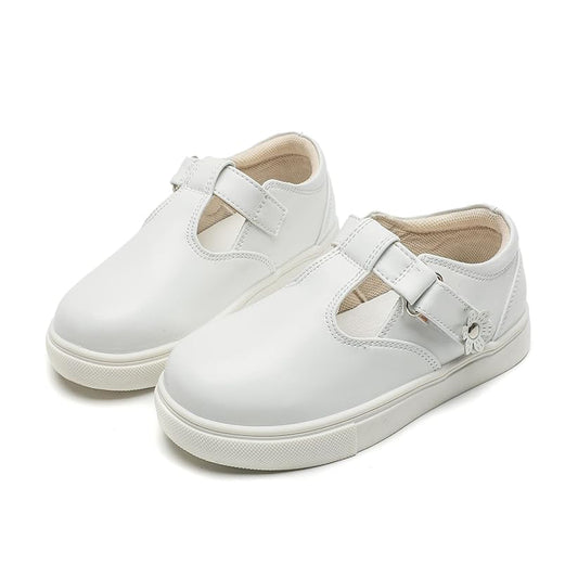 Girls White T-Strap Sneakers – Leather School Shoes with Flower Decoration, Non-Slip Rubber Sole, Casual Dress Shoes for Kids