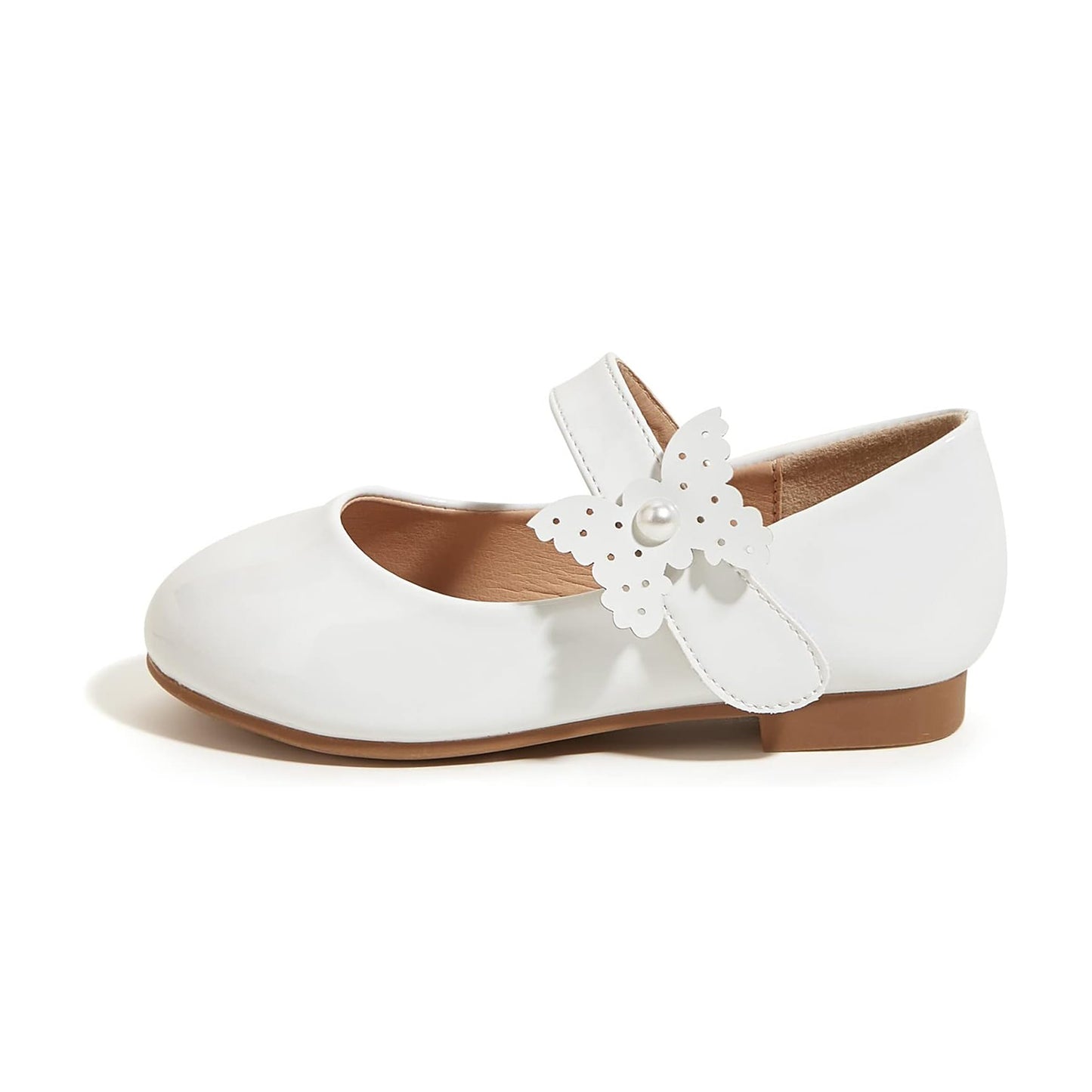 Girls Mary Jane Shoes – White Patent Leather Dress Shoes with Butterfly Pearl Decoration, Low Heel Princess Flats for Party, Daily Wear