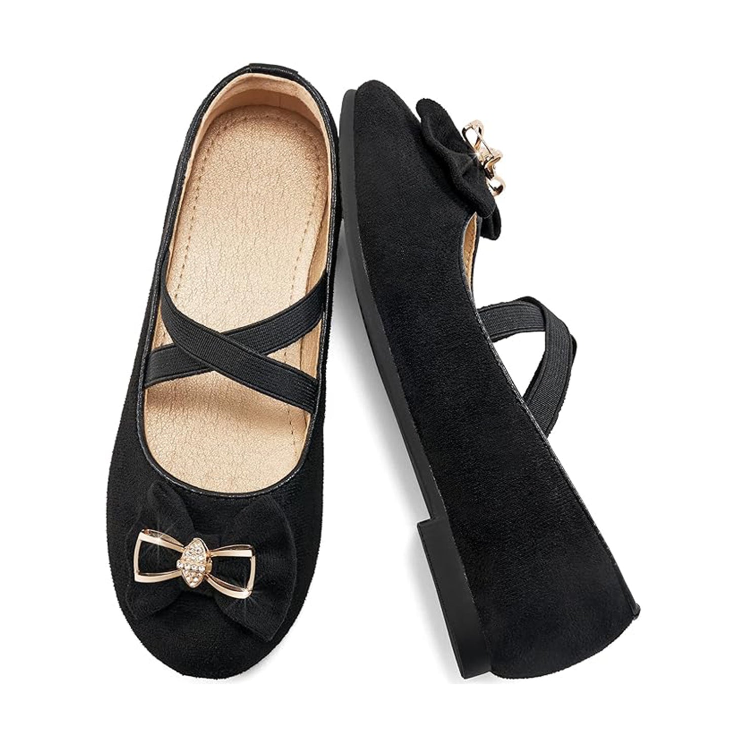 Girls Mary Jane Flats – Black Suede Dress Shoes with Cross Straps and Bow Metal Accent, Comfortable Ballet Flats for Party, Performance, or Daily Wear