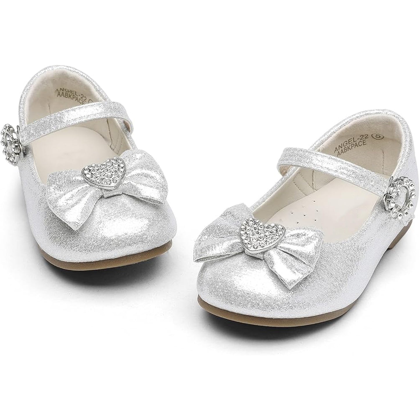Girls Mary Jane Party Shoes – Silver Sparkly Dress Flats with Rhinestone Heart Bow, Shiny Princess Shoes with Buckle Strap for Toddler & Little Kids