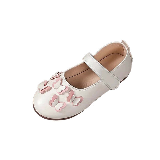 Girls Mary Jane Dress Shoes with Butterfly Accent – White Leather Toddler/Little Kids Flats with Adjustable Buckle Strap for Daily Wear and Party Outfits