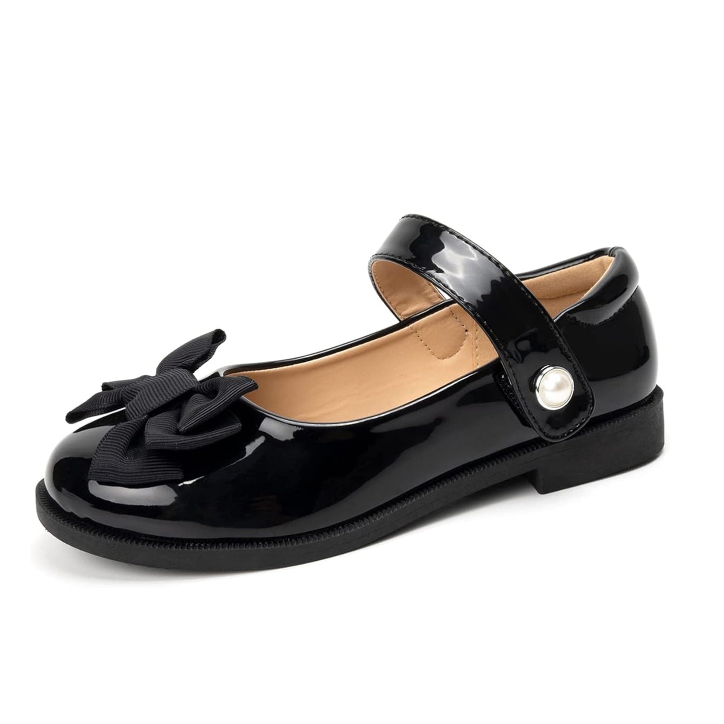 Girls Mary Jane Shoes – Black Patent Leather Flats with Bow & Pearl Buckle, Dress Shoes for School, Parties, and Formal Occasions