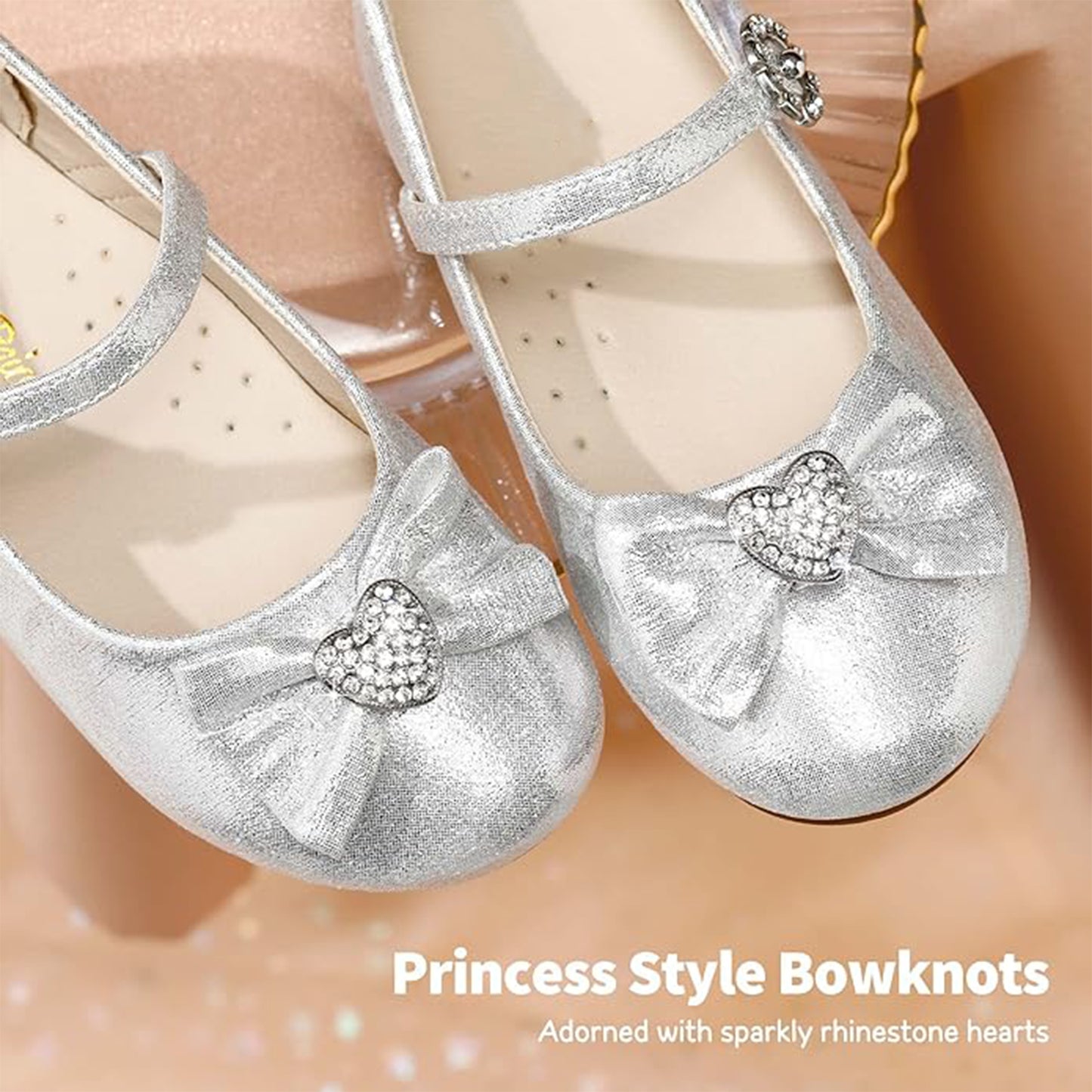 Girls Mary Jane Party Shoes – Silver Sparkly Dress Flats with Rhinestone Heart Bow, Shiny Princess Shoes with Buckle Strap for Toddler & Little Kids