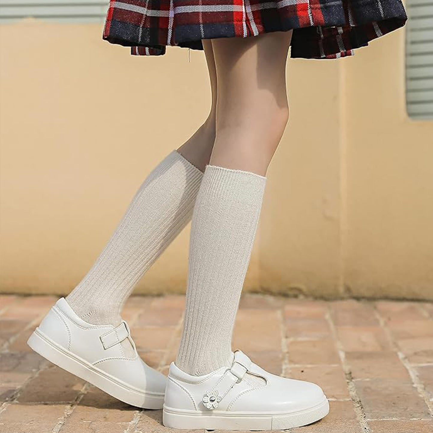 Girls White T-Strap Sneakers – Leather School Shoes with Flower Decoration, Non-Slip Rubber Sole, Casual Dress Shoes for Kids