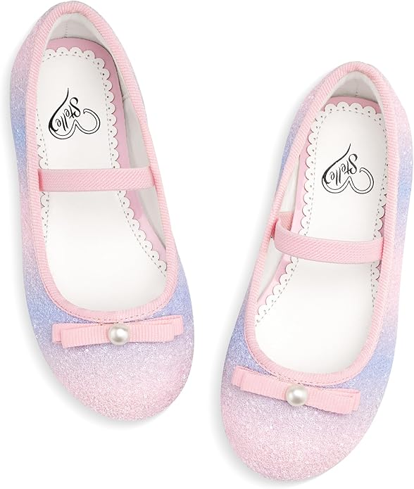 Girls Mary Jane Party Shoes – White Glitter Dress Flats with Pearl Bow, Sparkly Princess Shoes with Buckle Strap for Toddler & Little Kids