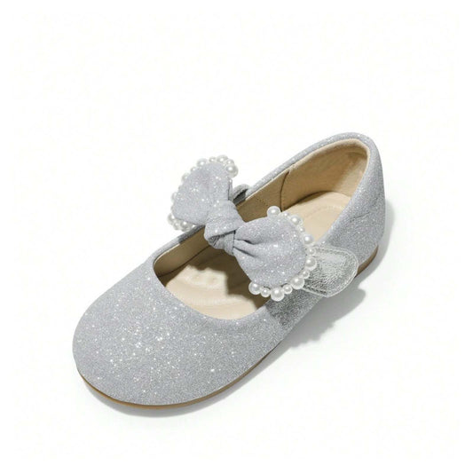 Girls Mary Jane Party Shoes with Glitter Sequins and Pearl Bow – Elegant Silver Gray Dress Shoes with Buckle Strap for Toddler/Little Kids Birthday, Wedding, Performance