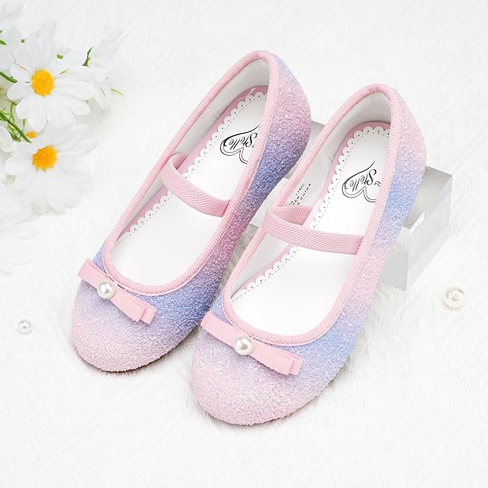 Girls Mary Jane Party Shoes – White Glitter Dress Flats with Pearl Bow, Sparkly Princess Shoes with Buckle Strap for Toddler & Little Kids