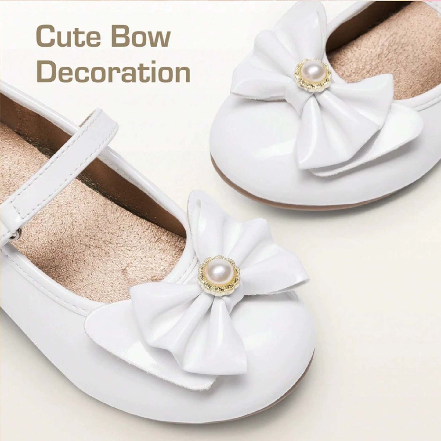 Girls Mary Jane Dress Shoes with Low Heels and Pearl Bow – White Leather Toddler/Little Kids Party Wedding Performance Shoes with Buckle Strap