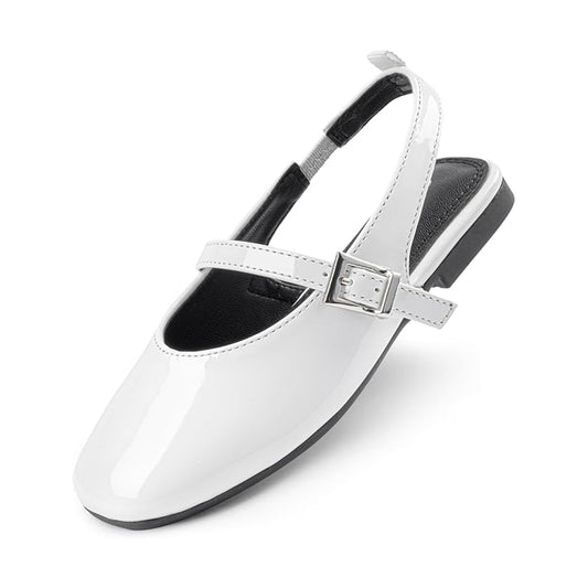Girls Mary Jane Slingback Shoes – White Patent Leather Dress Flats with Buckle Strap, Cute Summer Shoes for School, Party, Daily Wear