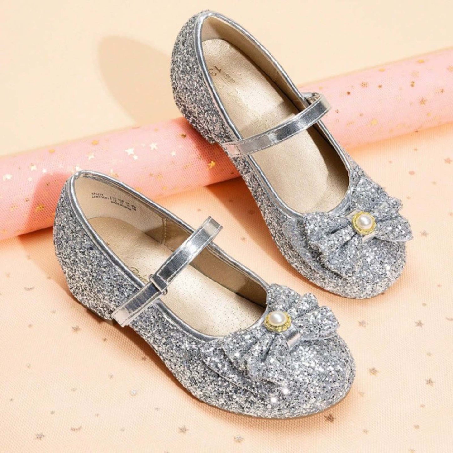 Girls Glitter Mary Jane Dress Shoes with Low Heels and Pearl Bow – Sparkly Silver Party Wedding Performance Shoes with Buckle Strap for Toddler/Little Kids