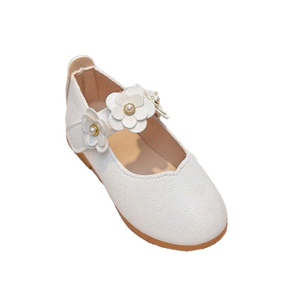 Girls Mary Jane Dress Shoes White Leather Flats with Pearl Flower Strap – Toddler/Little Kids Party Wedding Birthday Princess Shoes
