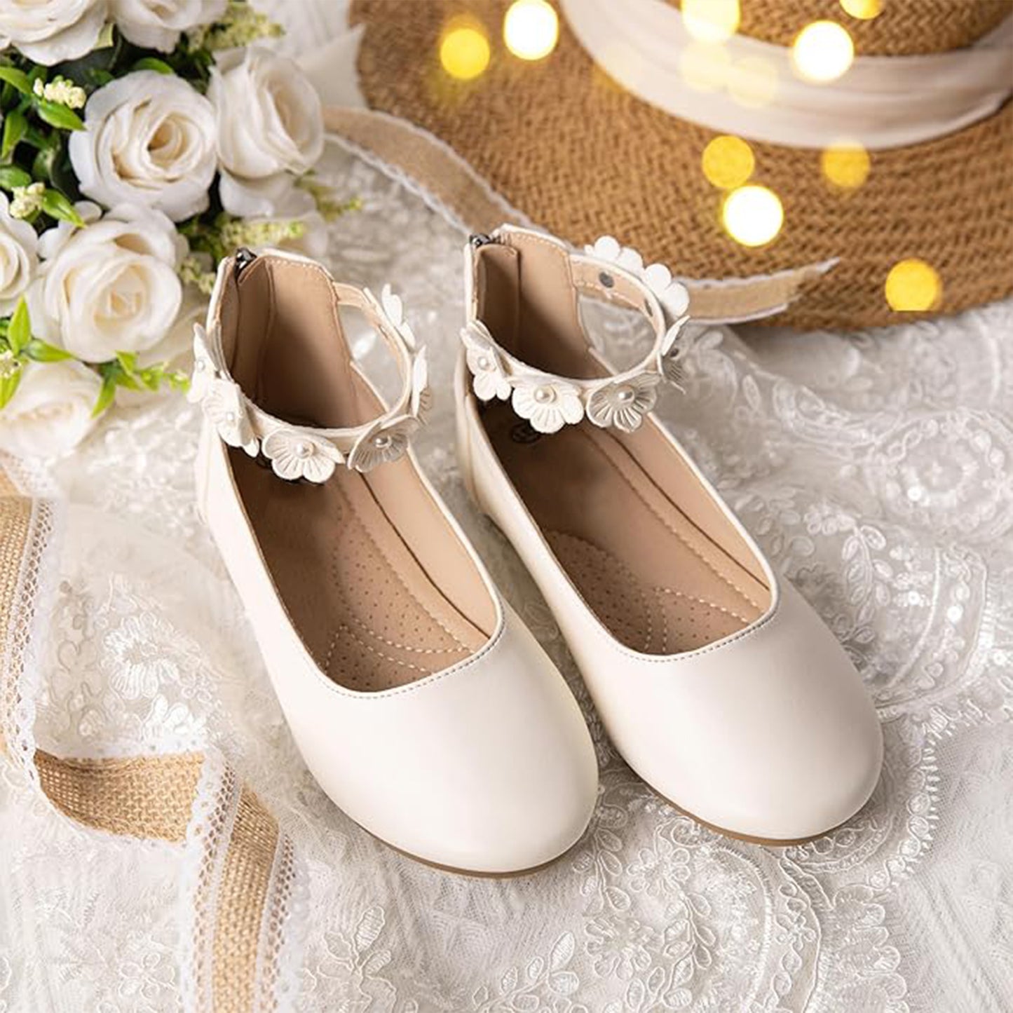Girls Mary Jane Dress Shoes with Ankle Flower Strap and Pearls – Ivory Leather Toddler/Little Kids Party Wedding Performance Shoes