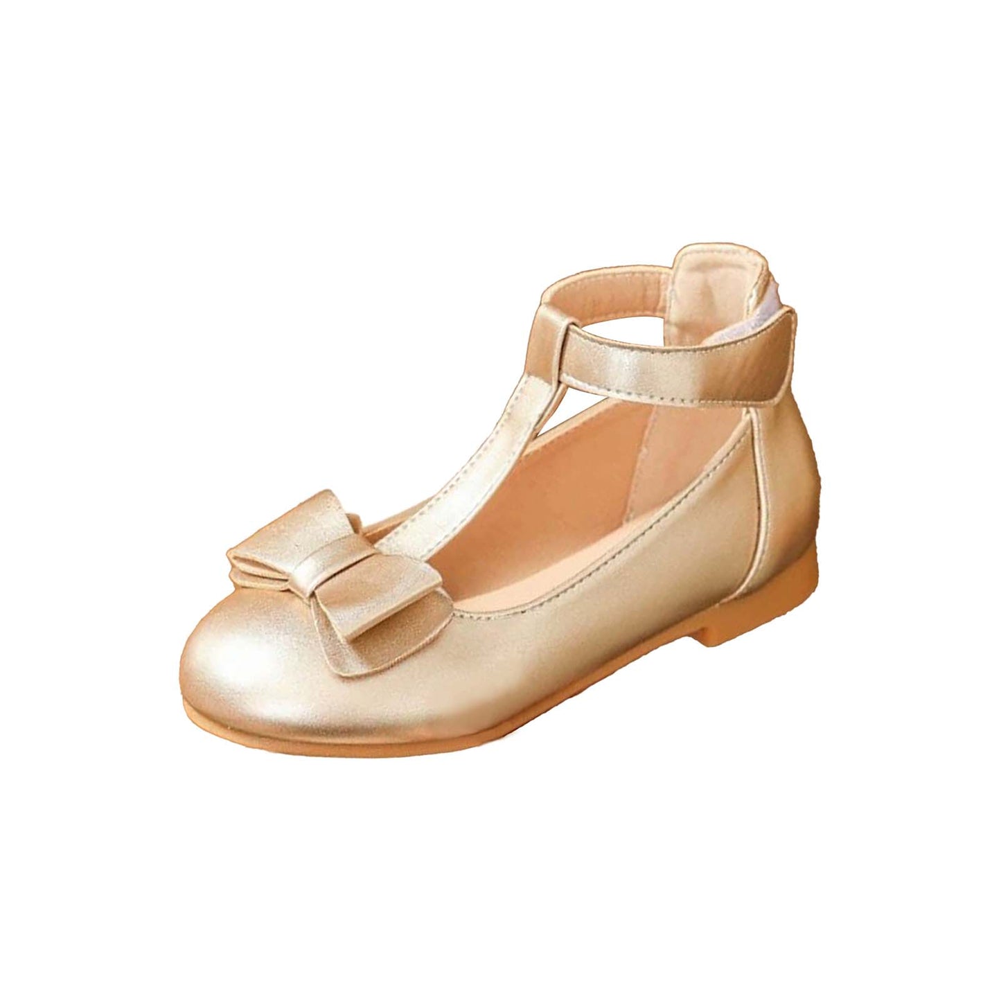 Girls Princess Mary Jane Dress Shoes with T-Strap and Bow – Gold Leather Toddler/Little Kids Party Wedding Performance Shoes with Buckle Closure