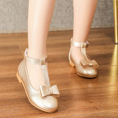 Girls Princess Mary Jane Dress Shoes with T-Strap and Bow – Gold Leather Toddler/Little Kids Party Wedding Performance Shoes with Buckle Closure