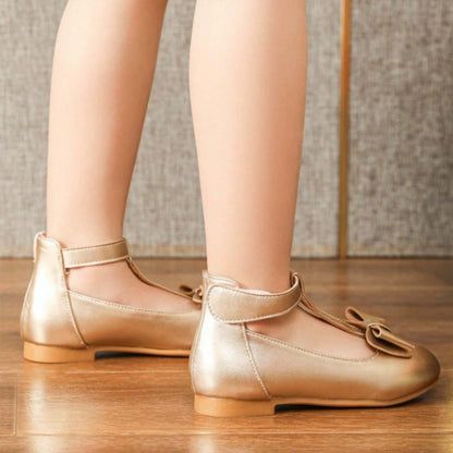 Girls Princess Mary Jane Dress Shoes with T-Strap and Bow – Gold Leather Toddler/Little Kids Party Wedding Performance Shoes with Buckle Closure