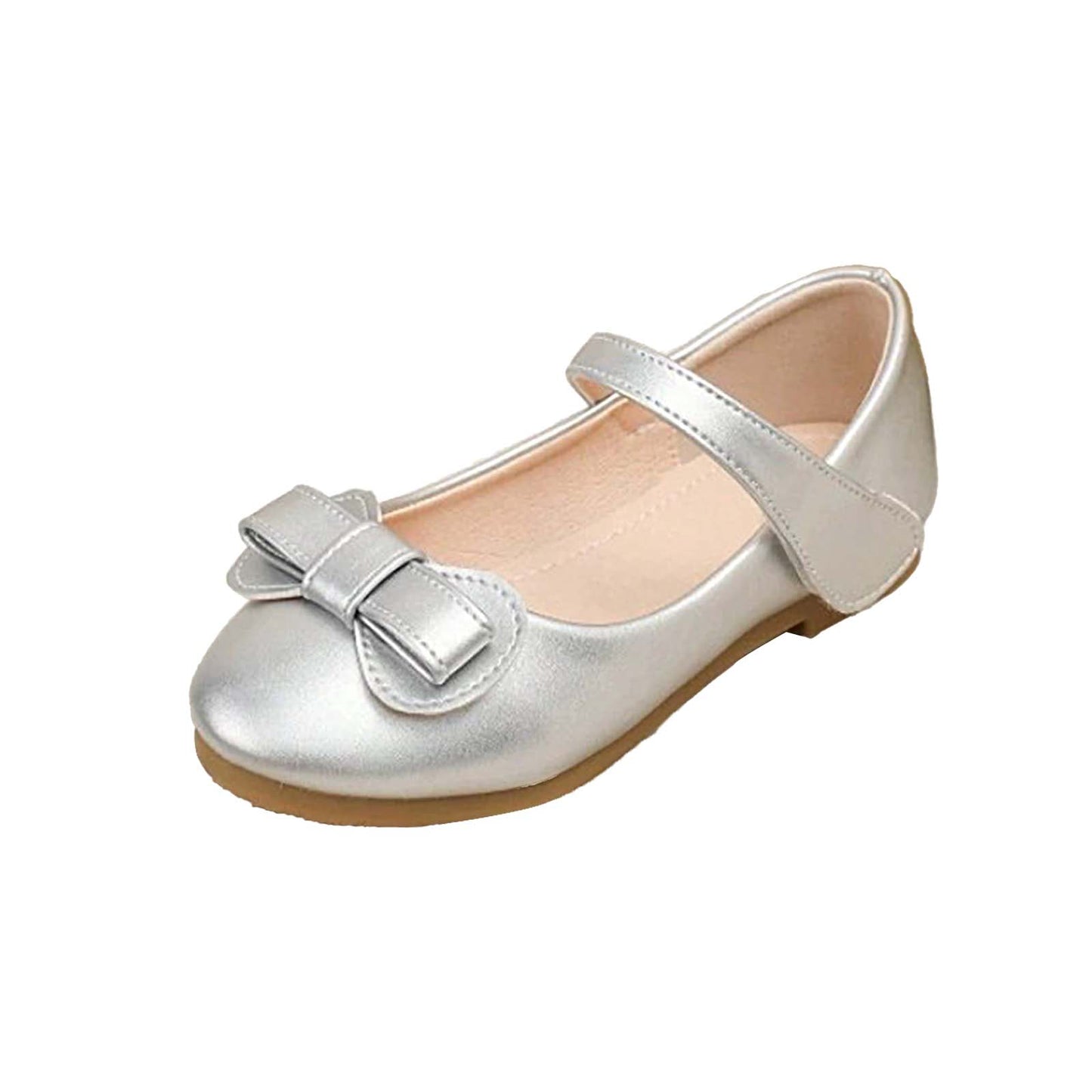 Girls Mary Jane Dress Shoes with Bow – Shiny Silver Leather Toddler/Little Kids Flats with Buckle Strap for Daily Wear and Party Outfits