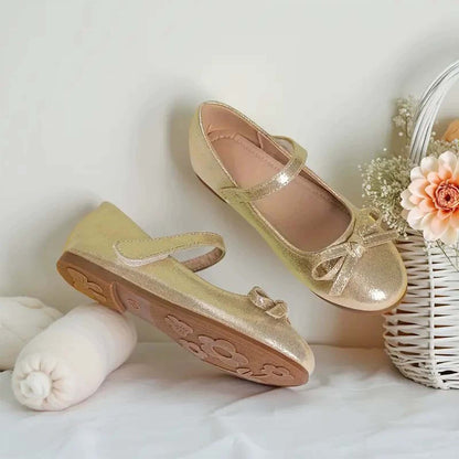 Girls Mary Jane Shoes – Gold Shiny Dress Shoes with Bowknot, Classic Strap Princess Flats for Party, Wedding, Holiday, Performance