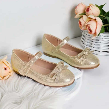 Girls Mary Jane Shoes – Gold Shiny Dress Shoes with Bowknot, Classic Strap Princess Flats for Party, Wedding, Holiday, Performance