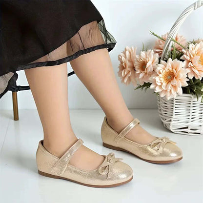 Girls Mary Jane Shoes – Gold Shiny Dress Shoes with Bowknot, Classic Strap Princess Flats for Party, Wedding, Holiday, Performance
