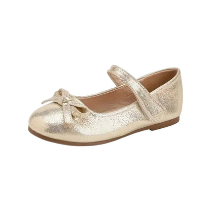 Girls Mary Jane Shoes – Gold Shiny Dress Shoes with Bowknot, Classic Strap Princess Flats for Party, Wedding, Holiday, Performance