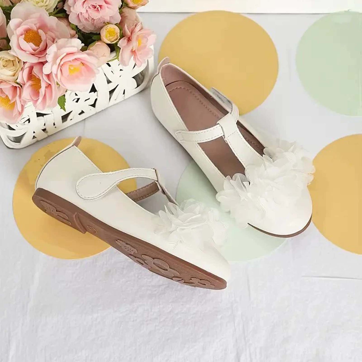 Girls Mary Jane Shoes – White Leather T-Strap Flats with Mesh Flower Decoration, Cute Princess Dress Shoes for Party, School, Daily Wear