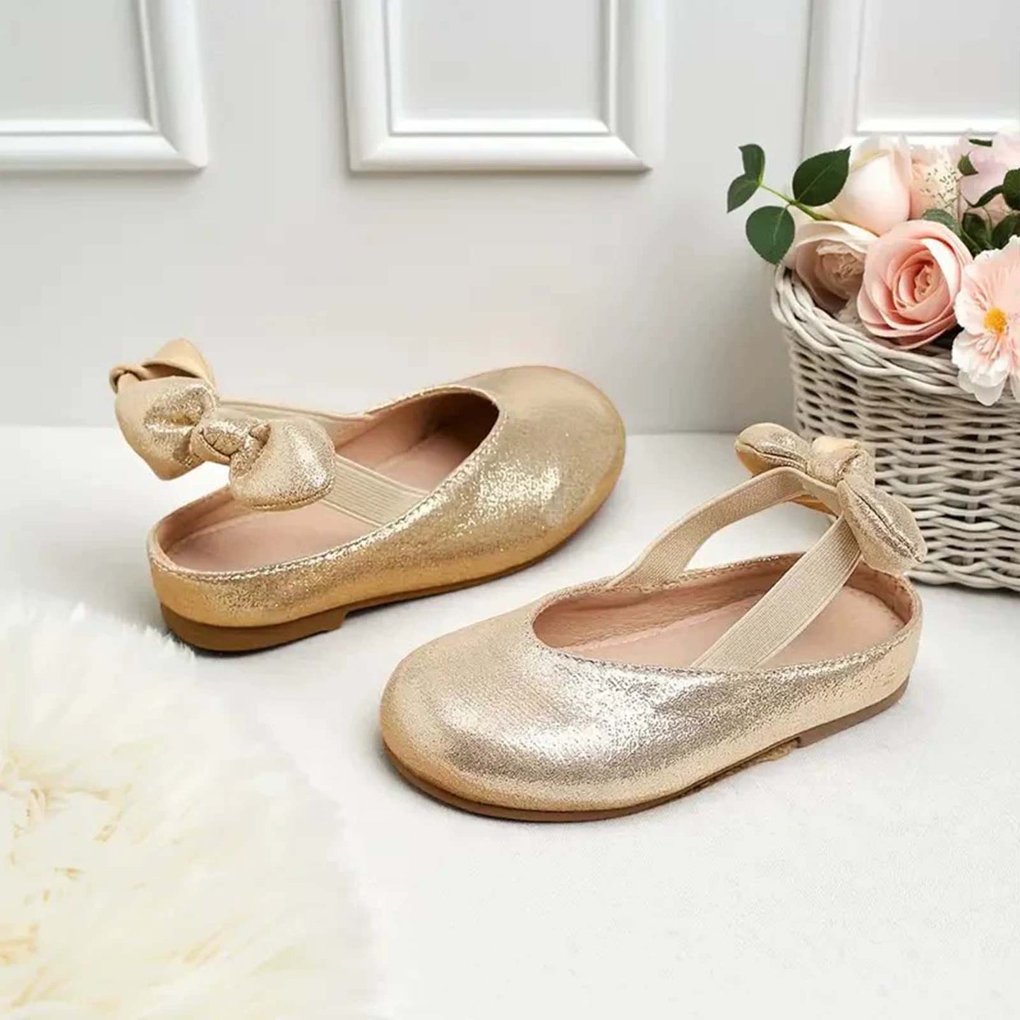 Girls Mary Jane Party Shoes – Gold Sparkly Dress Flats with Crisscross Bow Strap, Cute Princess Shoes for Toddler & Little Kids