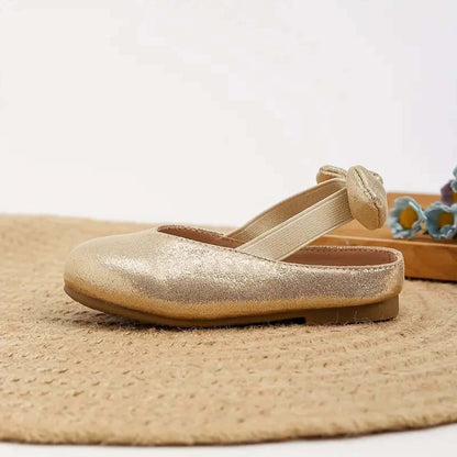 Girls Mary Jane Party Shoes – Gold Sparkly Dress Flats with Crisscross Bow Strap, Cute Princess Shoes for Toddler & Little Kids