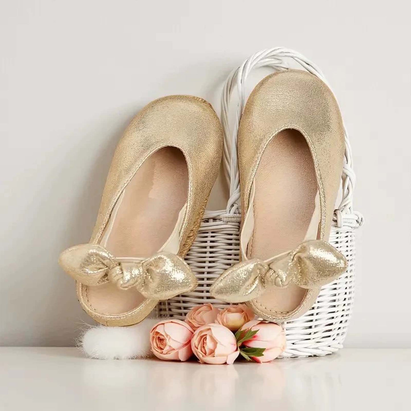 Girls Mary Jane Party Shoes – Gold Sparkly Dress Flats with Crisscross Bow Strap, Cute Princess Shoes for Toddler & Little Kids