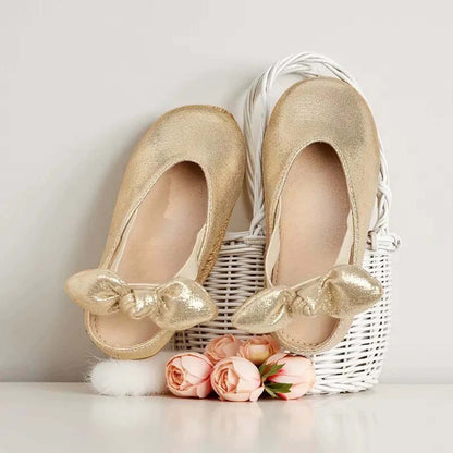 Girls Mary Jane Party Shoes – Gold Sparkly Dress Flats with Crisscross Bow Strap, Cute Princess Shoes for Toddler & Little Kids