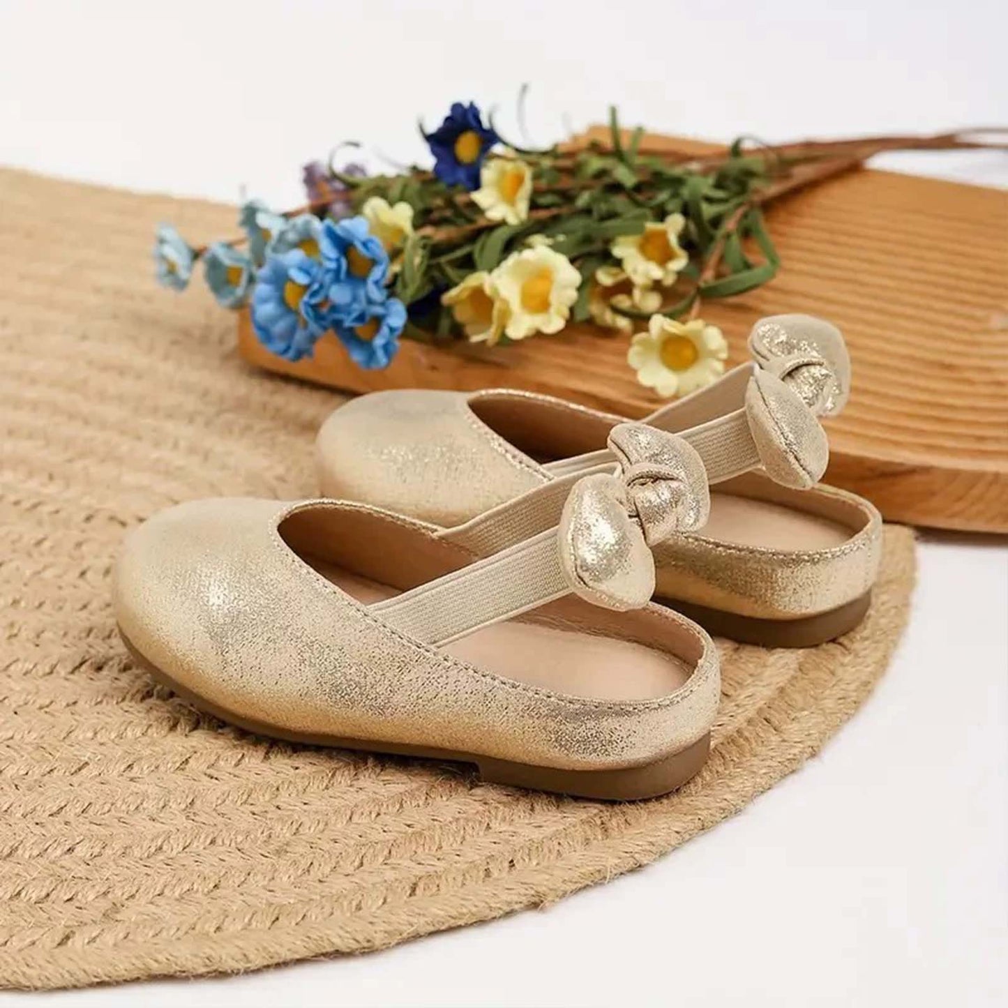 Girls Mary Jane Party Shoes – Gold Sparkly Dress Flats with Crisscross Bow Strap, Cute Princess Shoes for Toddler & Little Kids