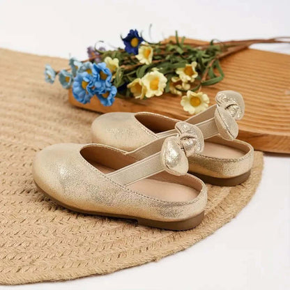 Girls Mary Jane Party Shoes – Gold Sparkly Dress Flats with Crisscross Bow Strap, Cute Princess Shoes for Toddler & Little Kids