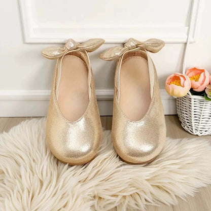 Girls Mary Jane Party Shoes – Gold Sparkly Dress Flats with Crisscross Bow Strap, Cute Princess Shoes for Toddler & Little Kids