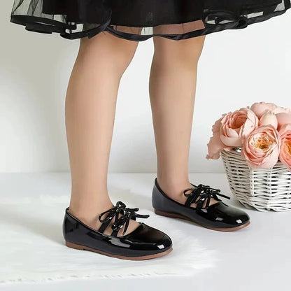 Girls Mary Jane Dress Shoes – Shiny Black Patent Leather Flats with Crisscross Bow, Cute Princess Shoes for Toddler & Little Kids