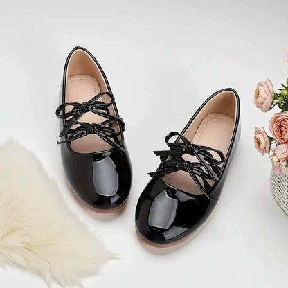 Girls Mary Jane Dress Shoes – Shiny Black Patent Leather Flats with Crisscross Bow, Cute Princess Shoes for Toddler & Little Kids