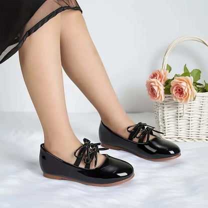 Girls Mary Jane Dress Shoes – Shiny Black Patent Leather Flats with Crisscross Bow, Cute Princess Shoes for Toddler & Little Kids